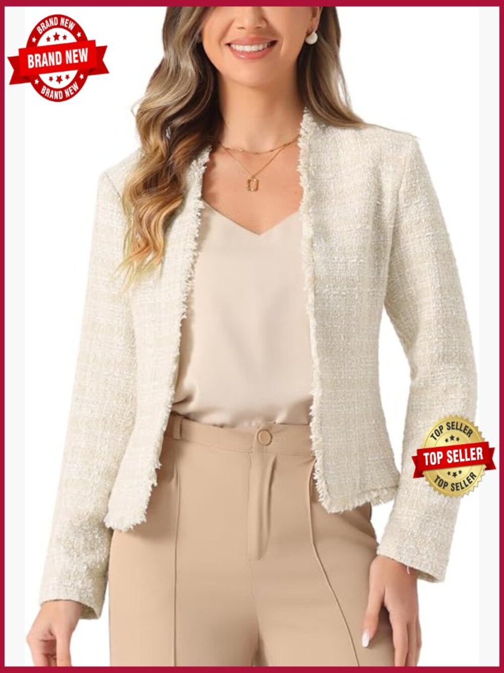 Plaid Tweed Blazer Long Sleeve Open Front Work Office Jacket